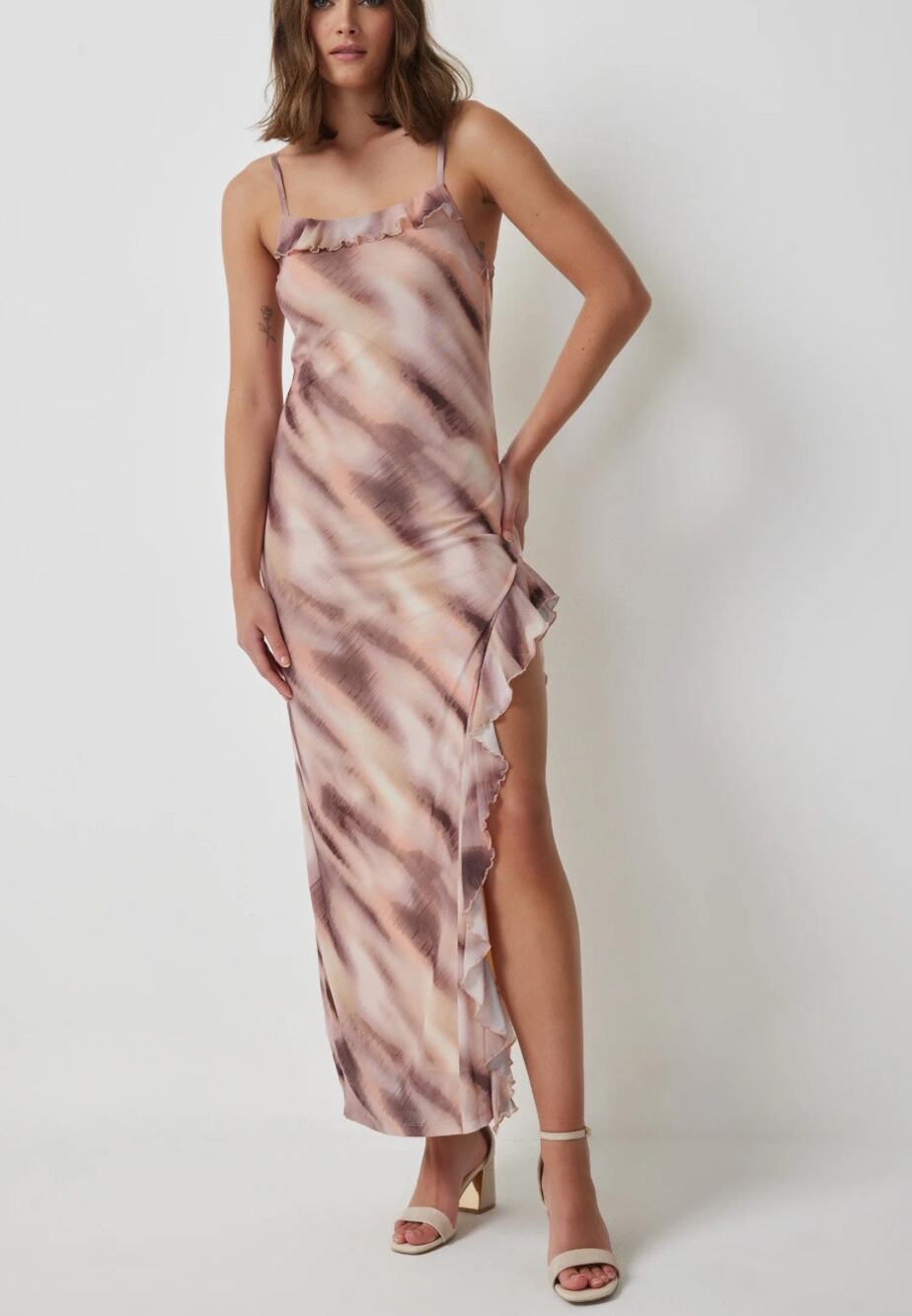 Y2K inspired Sheer Mesh Maxi Dress Ruffle Detail Tie Dye Brown Pink Fairycore